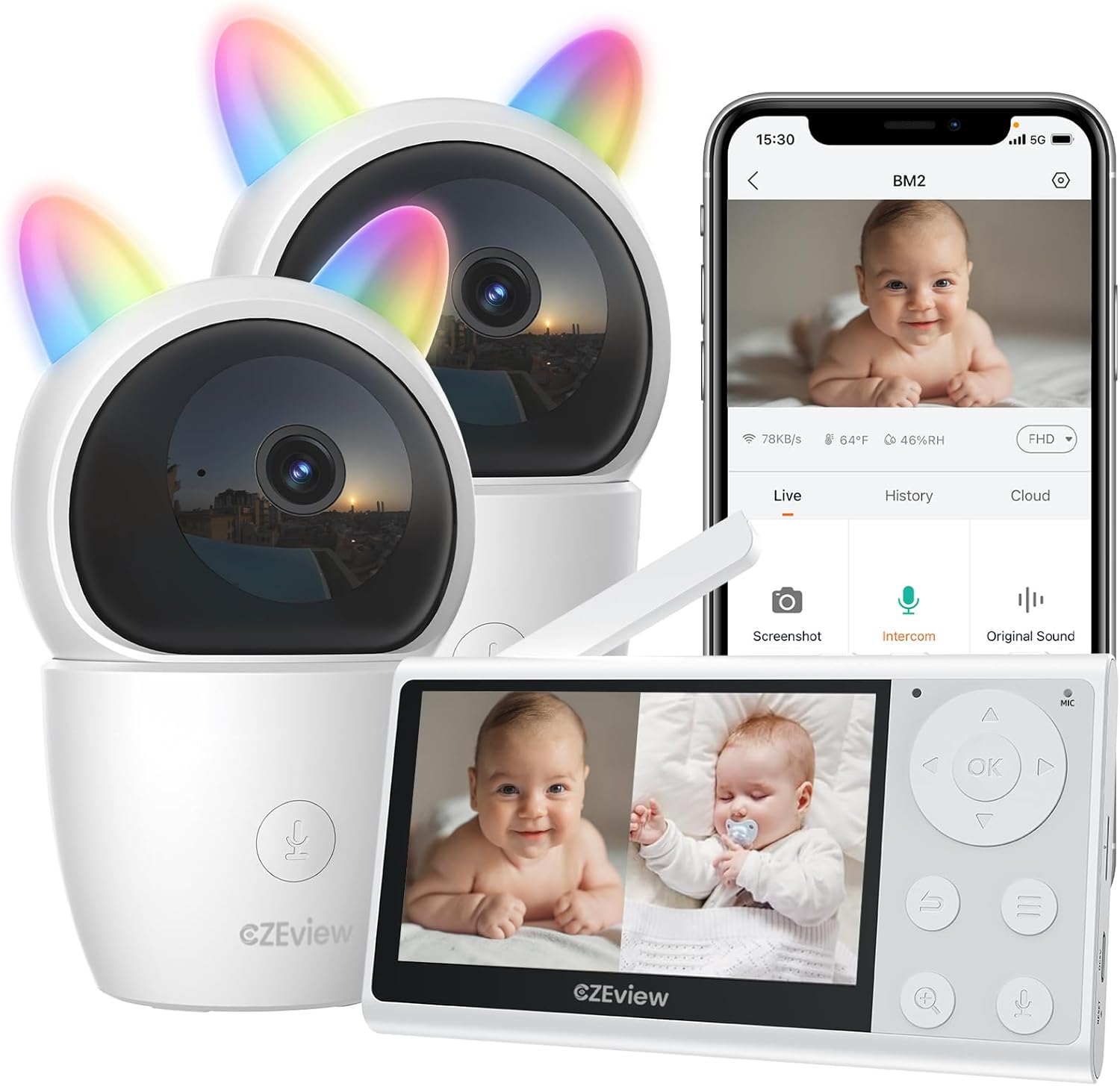 Baby Monitor with Audio and 2 Camera, Split Video Monitor Sc…