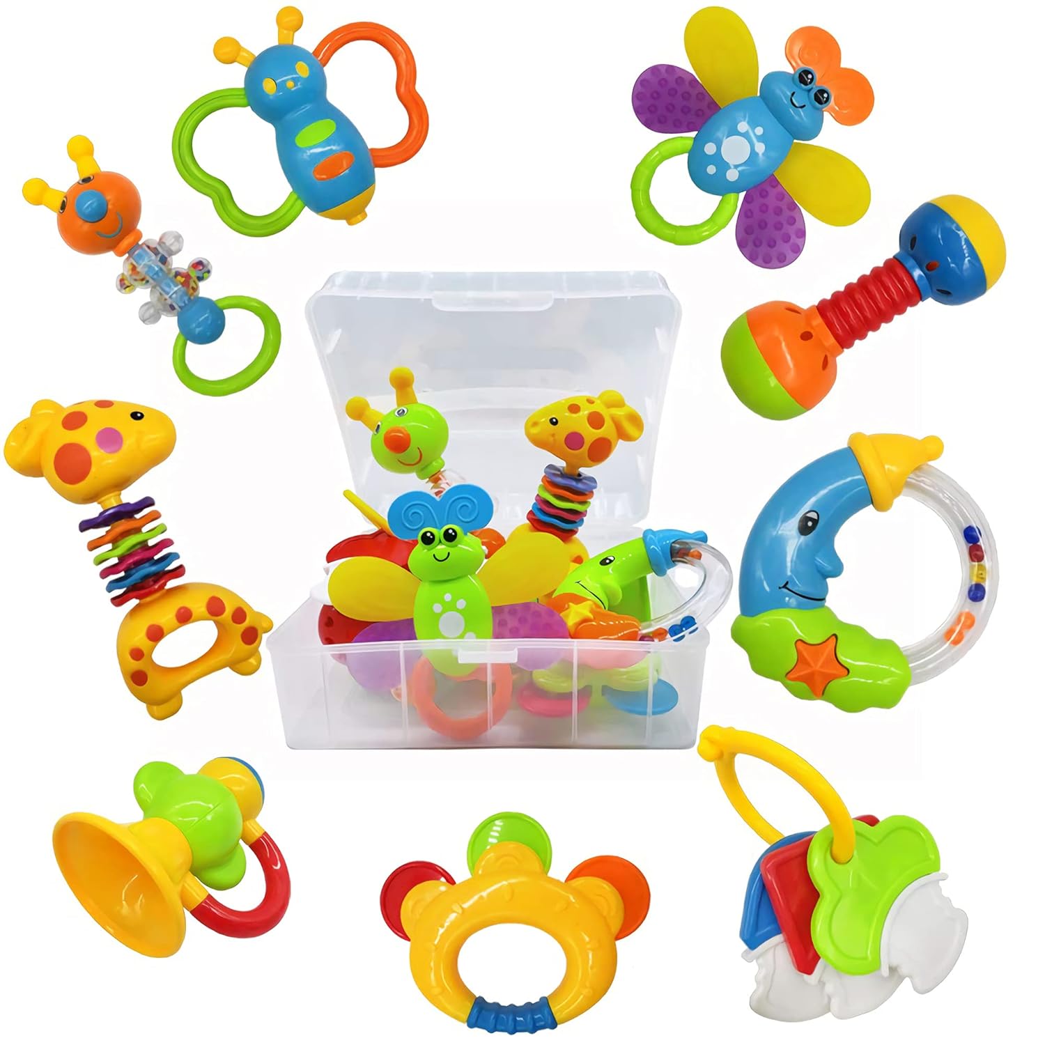 9pcs Baby First Rattle Teether Toy Gift Set with Storage Box…