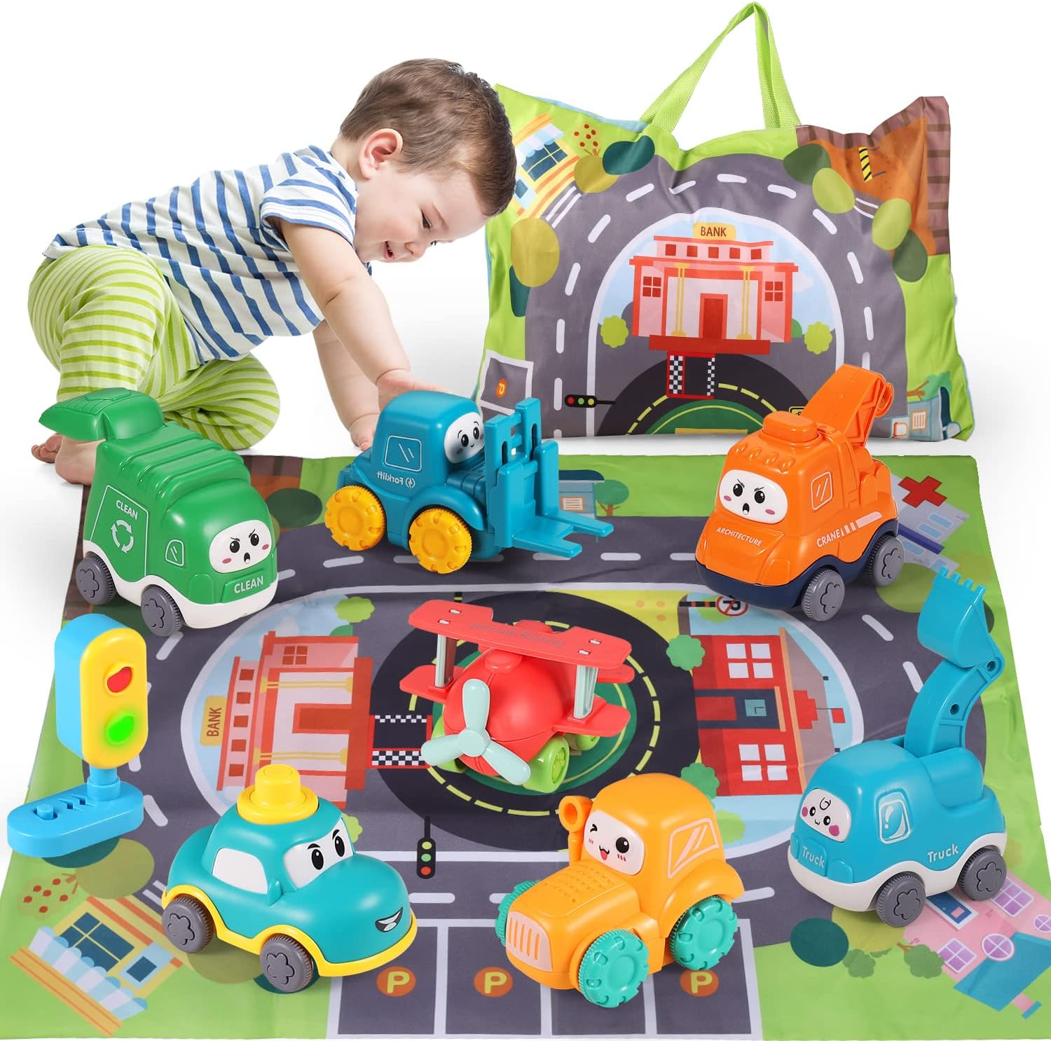 ALASOU 7 PCS Baby Cranes Car Toys with Playmat/Storage Bag|1…