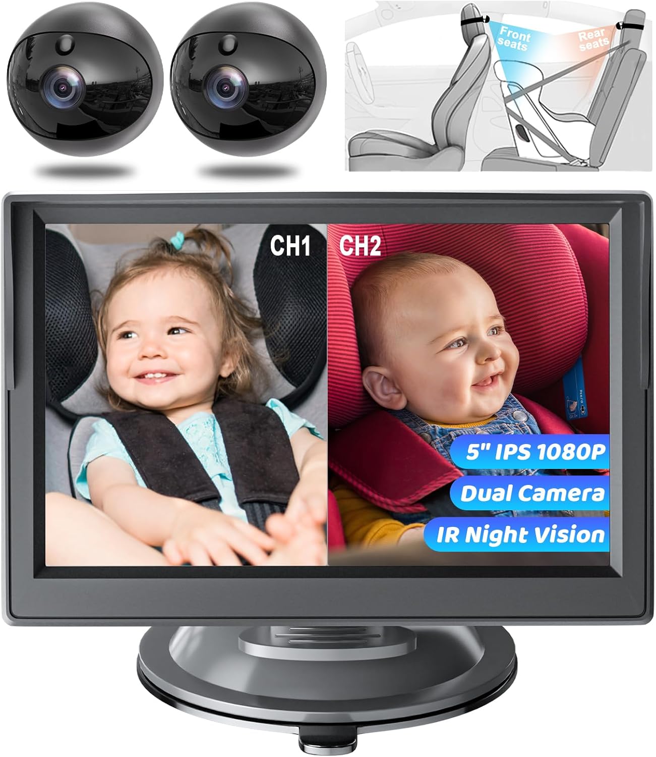 Baby Car Camera Dual Channel, 5” HD 1080P Monitor & 2 Camer…