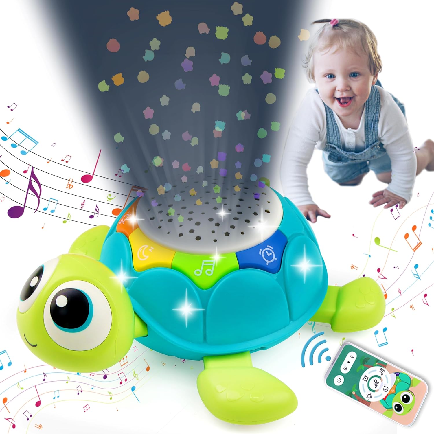 Baby Toys 6-12 Months, 5 in 1 Musical Projector Turtle Crawl…