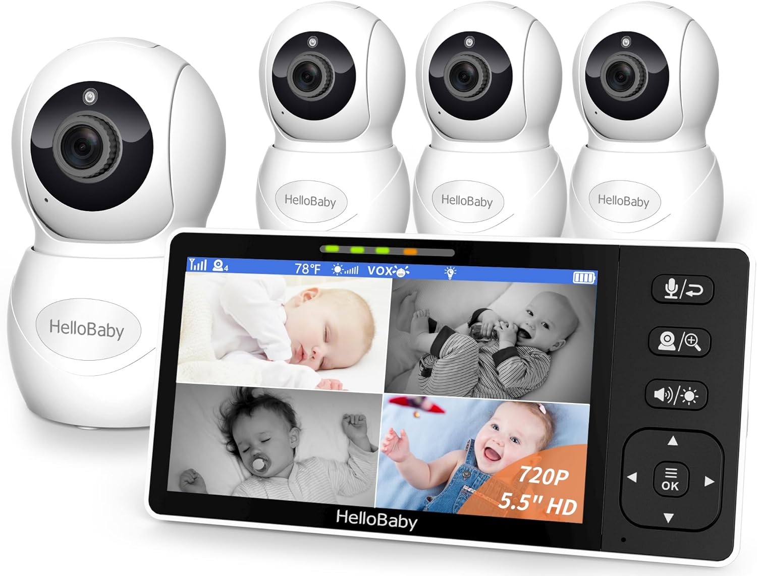 HelloBaby 5.5″ 720P HD Video Baby Monitor No WiFi, 4 Cameras…