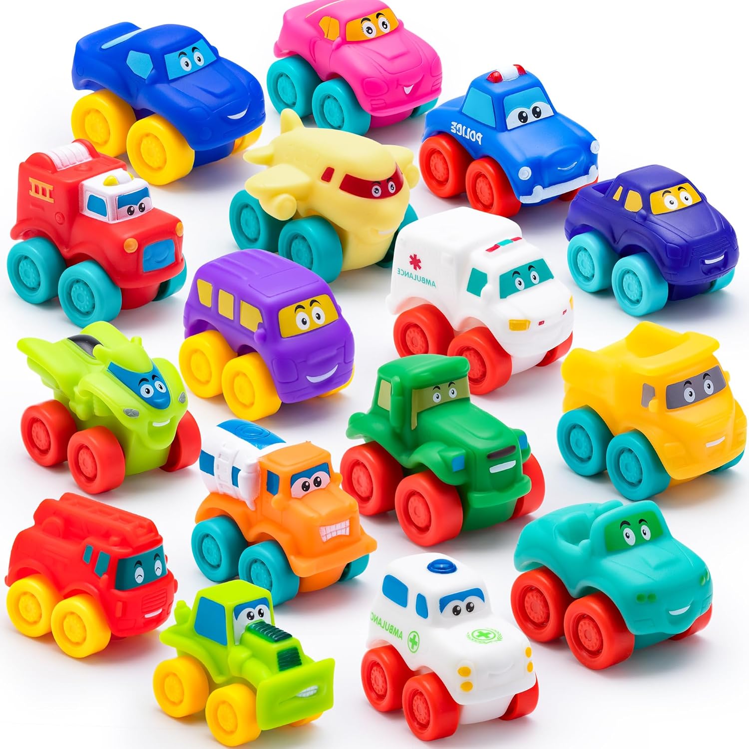 JOYIN Cartoon Cars, Soft Rubber Toy Car Set, Mini Toy Vehicl…