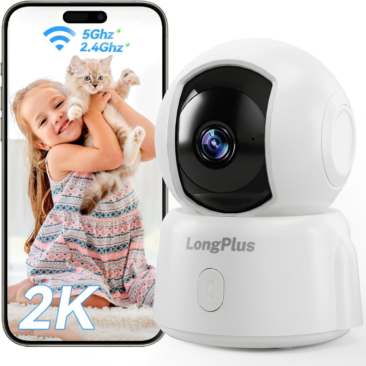 LongPlus® 2K Security Camera Indoor, 2.4/5GHz WiFi Pet Camer…