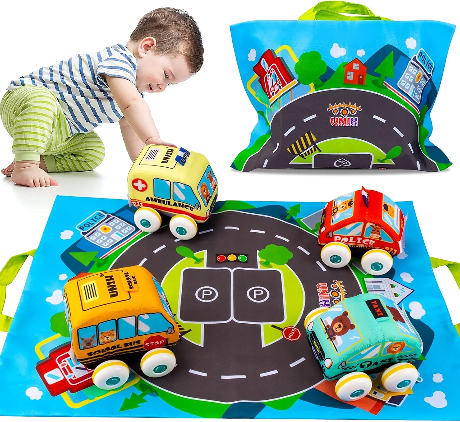 UNIH Car Toys for 1 Year Old Boy, Soft Baby Toys Set Pull Ba…