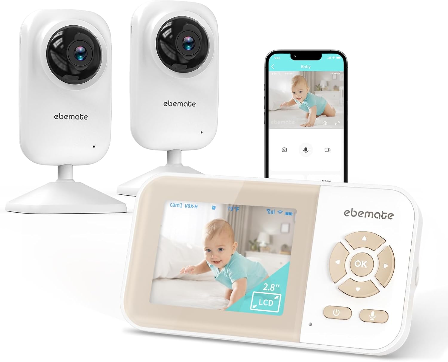 ebemate Video Baby Monitor Camera with 2 Camera,2.8″ LCD Scr…